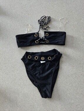 Jaded London Ring Detail Bandeau Bikini Top & High-Leg Bottoms Set Size S